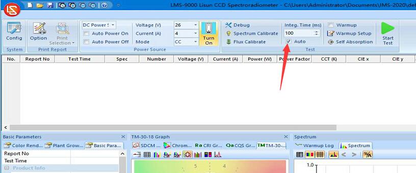LMS 9000C test interface auto intergration time