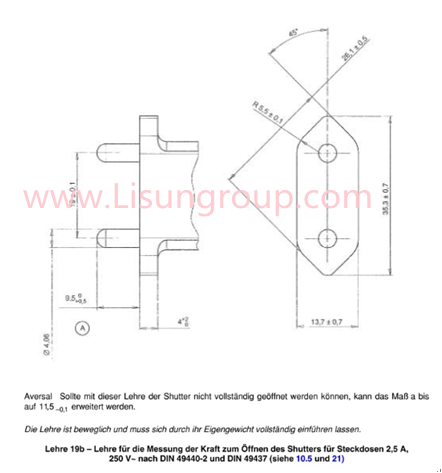 Gauge for Testing Force Required to Open Shutter for Outlets 2.5 A, 250 V According to VDE 0620-1 Lehre 19b