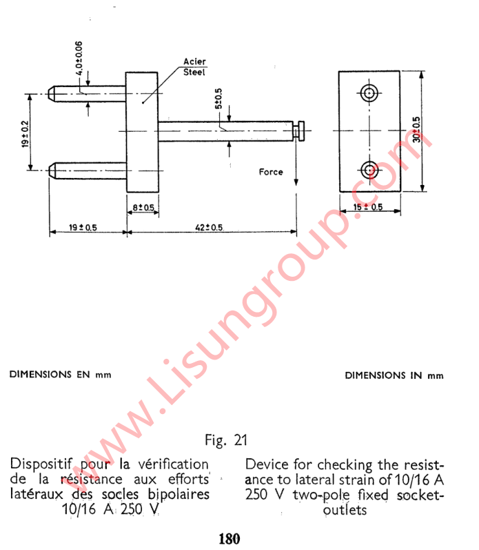 CEE 7 C21 Device for Checking The Resistance to Lateral Strain of 10/16A 250V Two-pole Fixed Socket-outlets