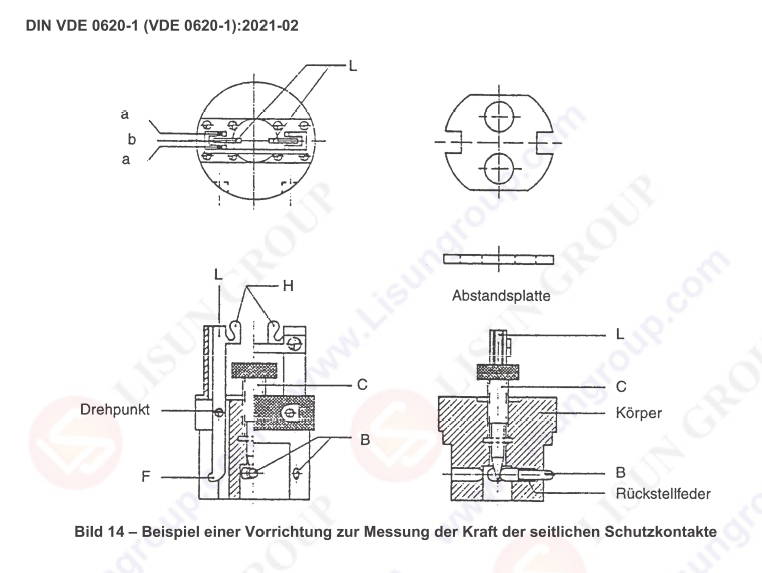 DIN VDE 0620-1 Bild 14 Beispiel einer Vorrichtung zur Messung der Kraft der seitlichen Schutzkontakte