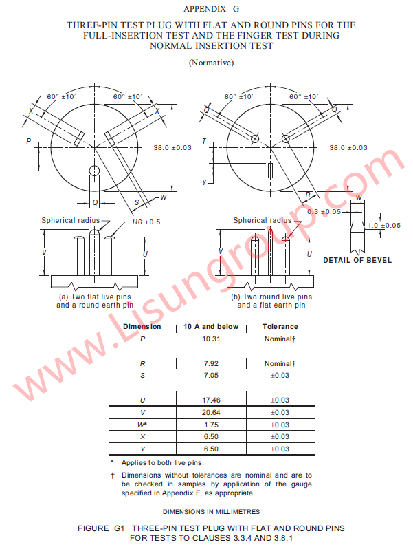 AS/NZS 3112 Figure G1 Three-pin Test Plug with Flat and Round Pins for the Full-insertion Test and the Finger Test During Normal Insertion Test