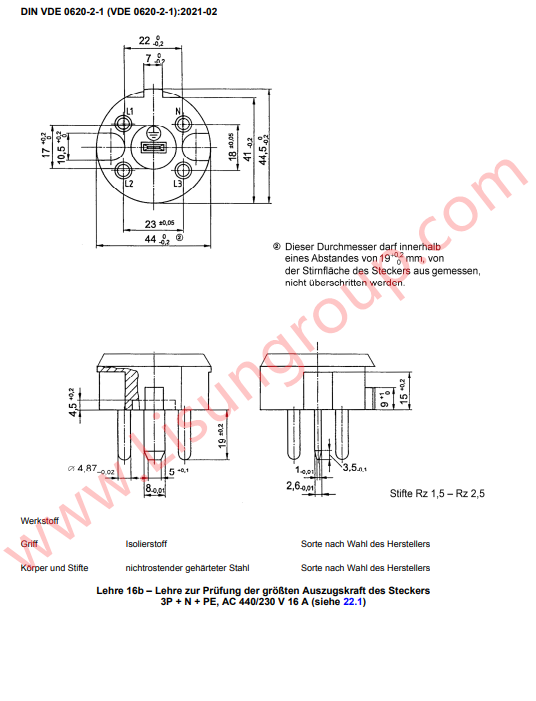 DIN-VDE 0620-1-Lehre 16b Lehre zur Prüfung der größten Abzugskraft des Steckers 3P + N + AC 400/230 V 16 A