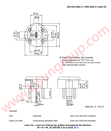 DIN-VDE 0620-1-Lehre 16c Prüfung der größten Abzugskraft des Steckers AC 400/230 V 25 A